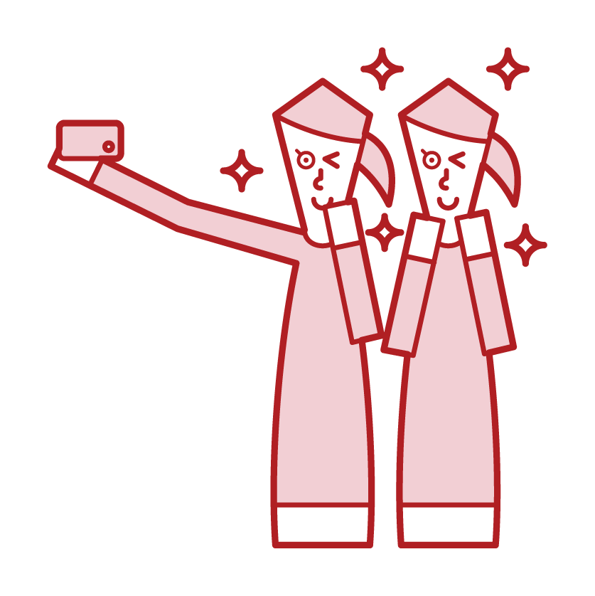 スマートフォンで自撮りをする人たち（女性）のイラスト
