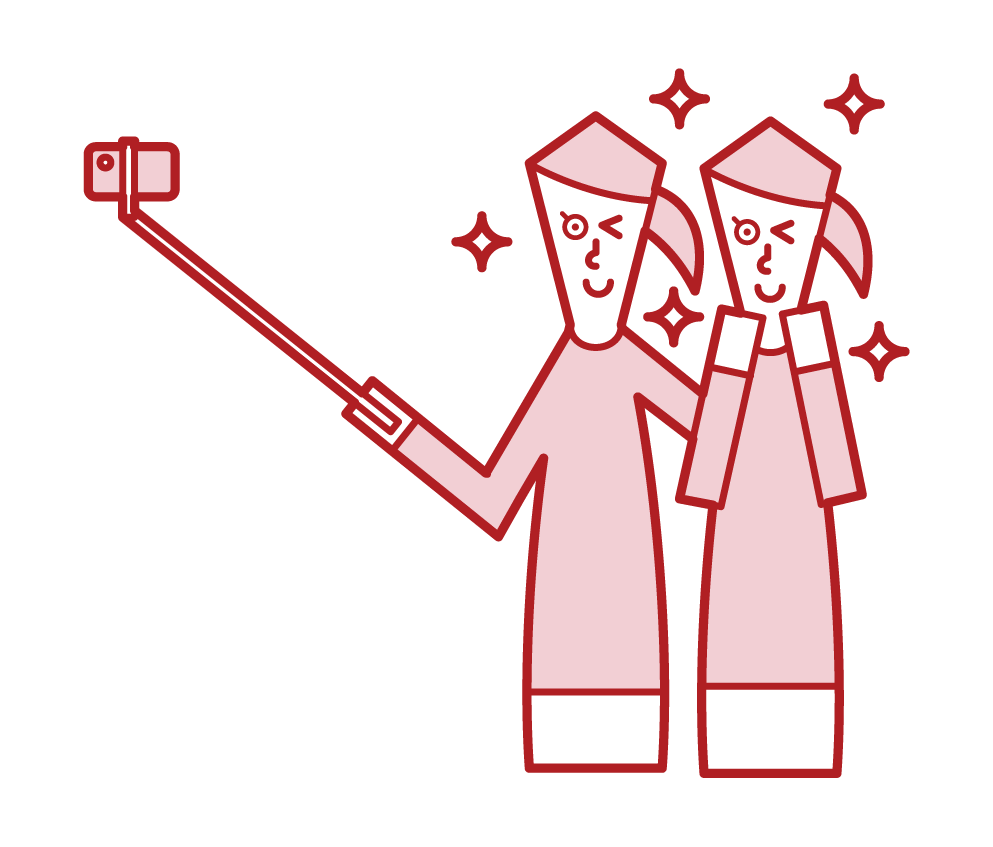 Illustration of a person (woman) taking a selfie using a selfie stick