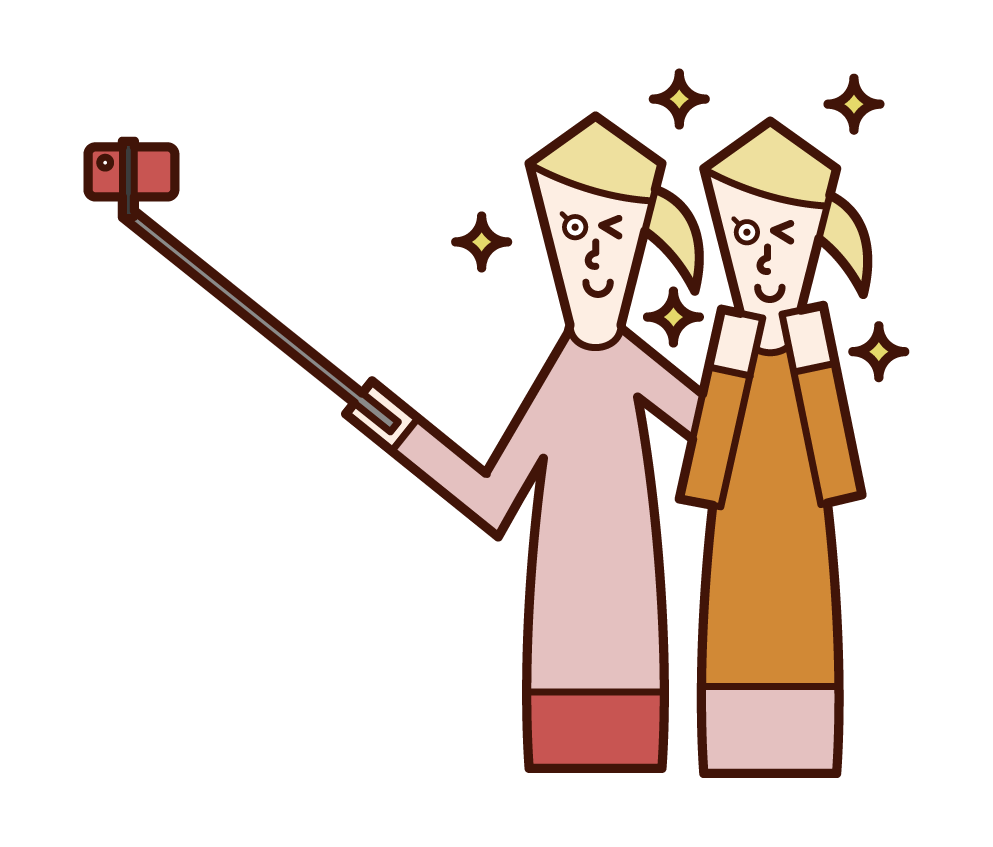 Illustration of a person (woman) taking a selfie using a selfie stick