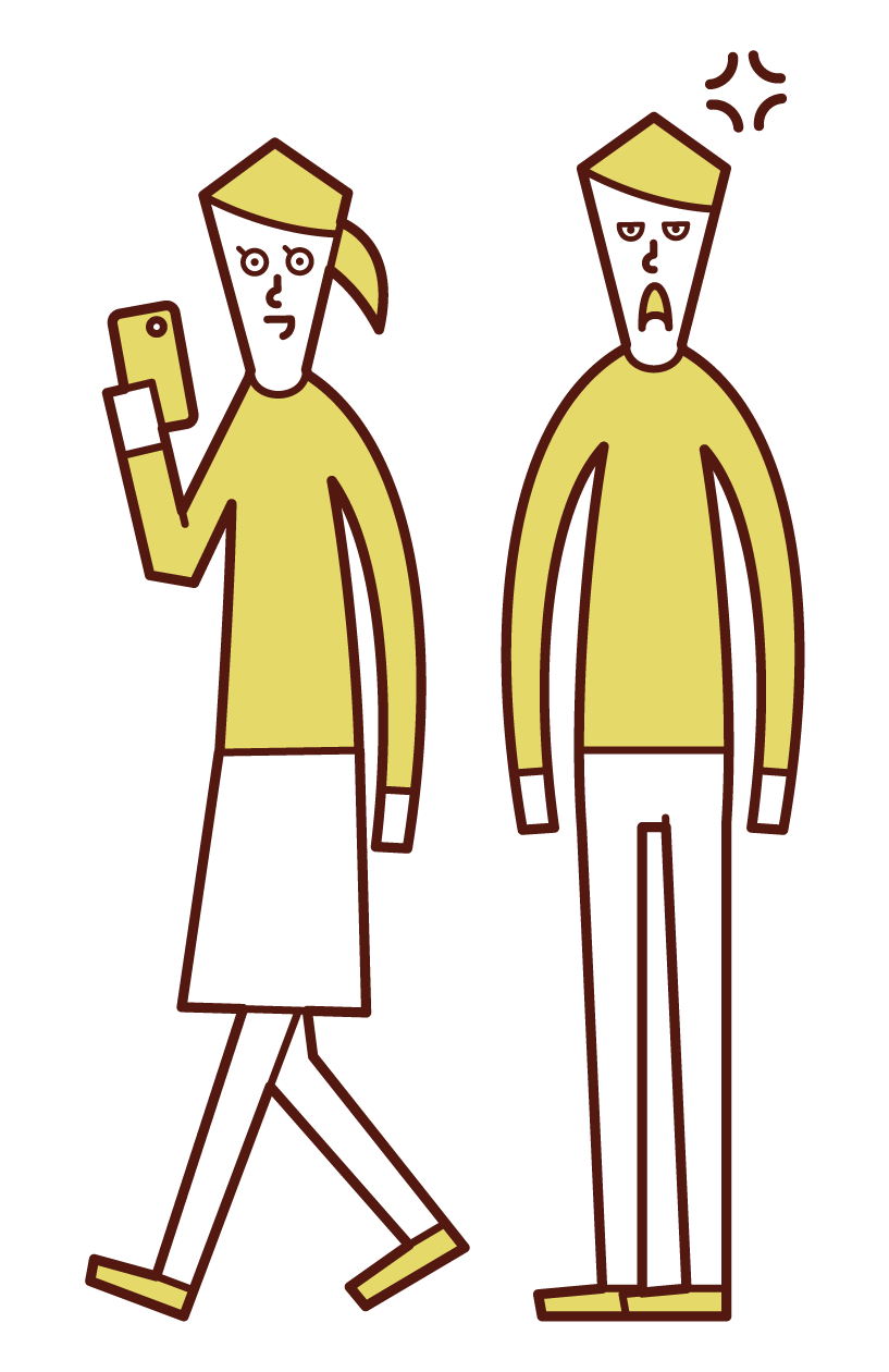 約會時只使用智能手機的人（女性）的插圖