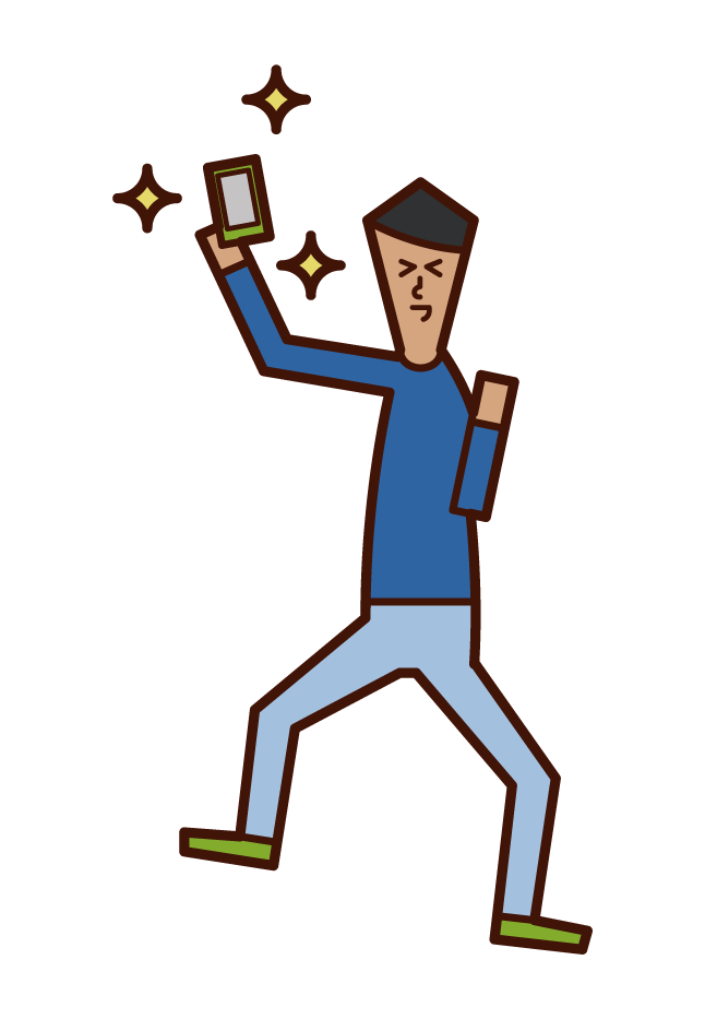 Illustration of a child (man) who is happy to get a smartphone