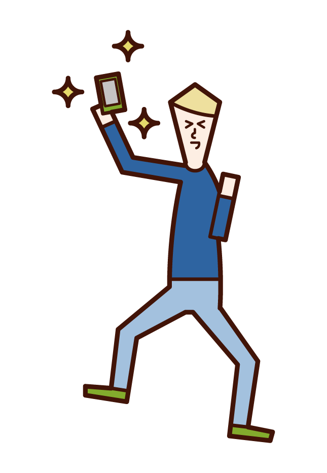 Illustration of a child (man) who is happy to get a smartphone