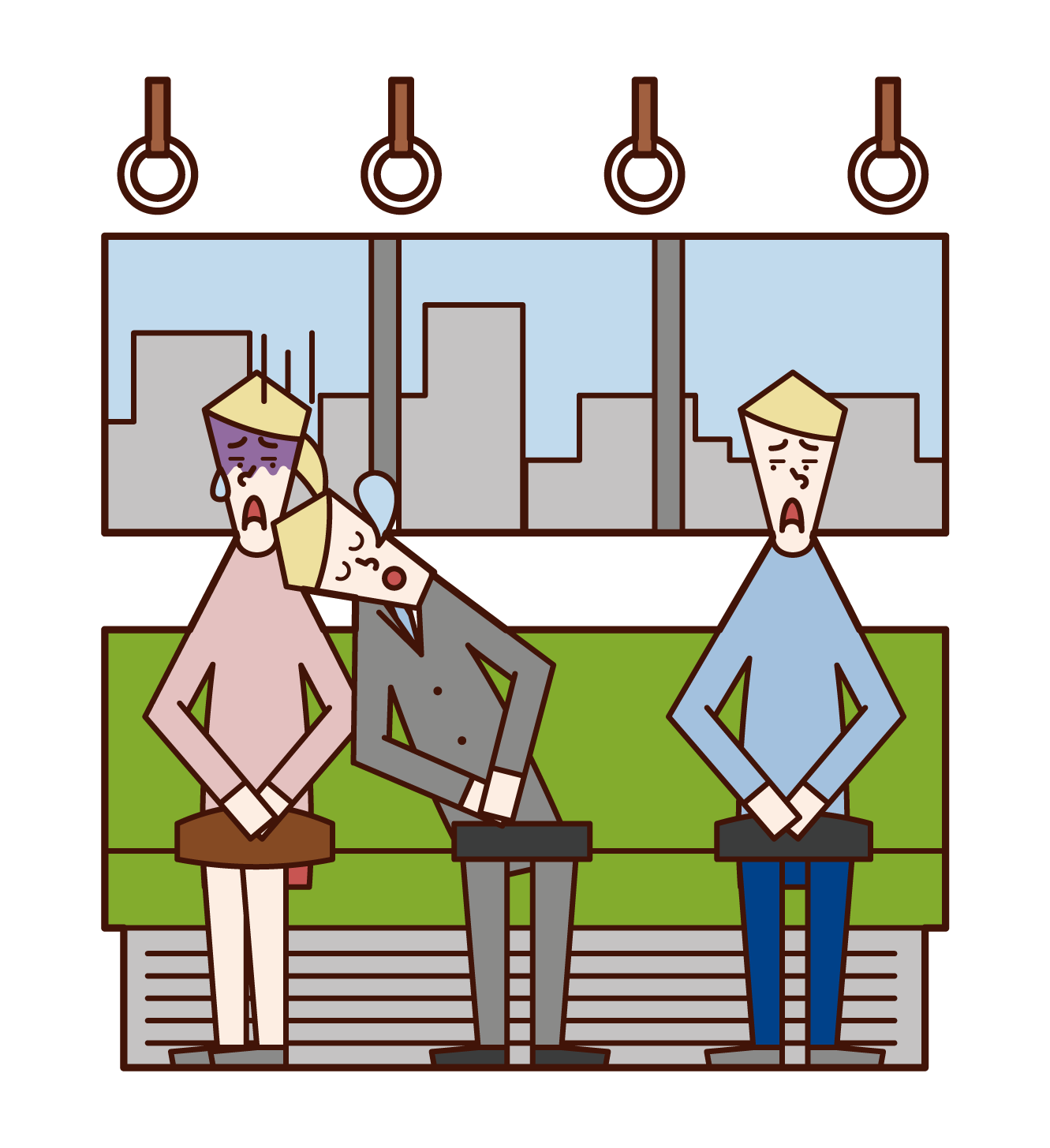 Illustration of a man sleeping while leaning on the person next to him on the train