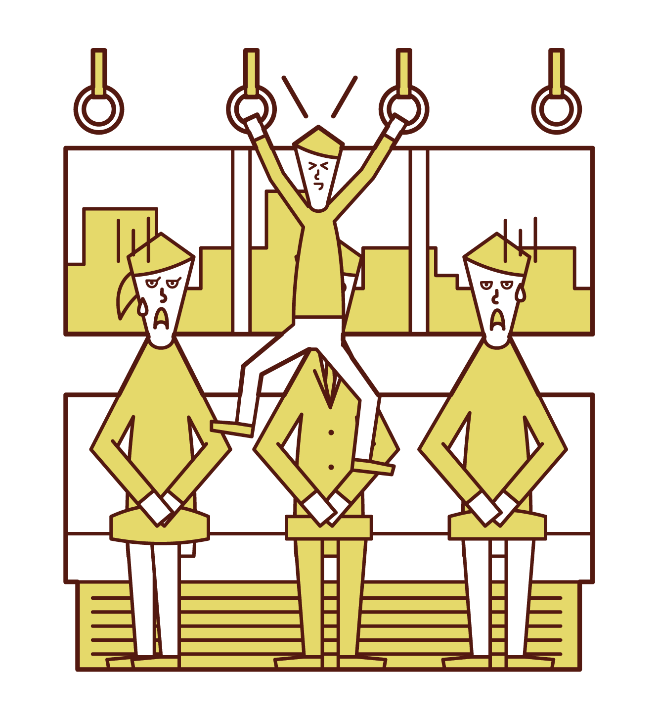 Illustration of a child (boy) hanging on a hanging leather on a train