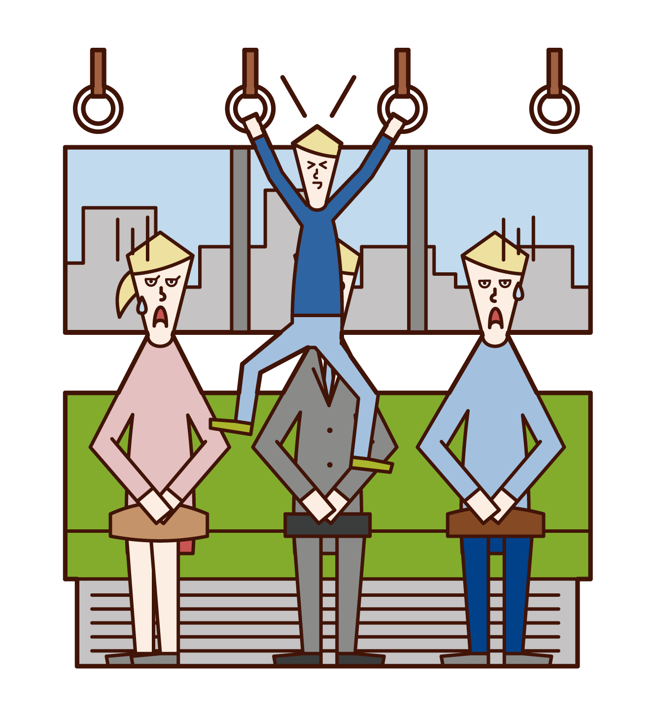 Illustration of a child (boy) hanging on a hanging leather on a train