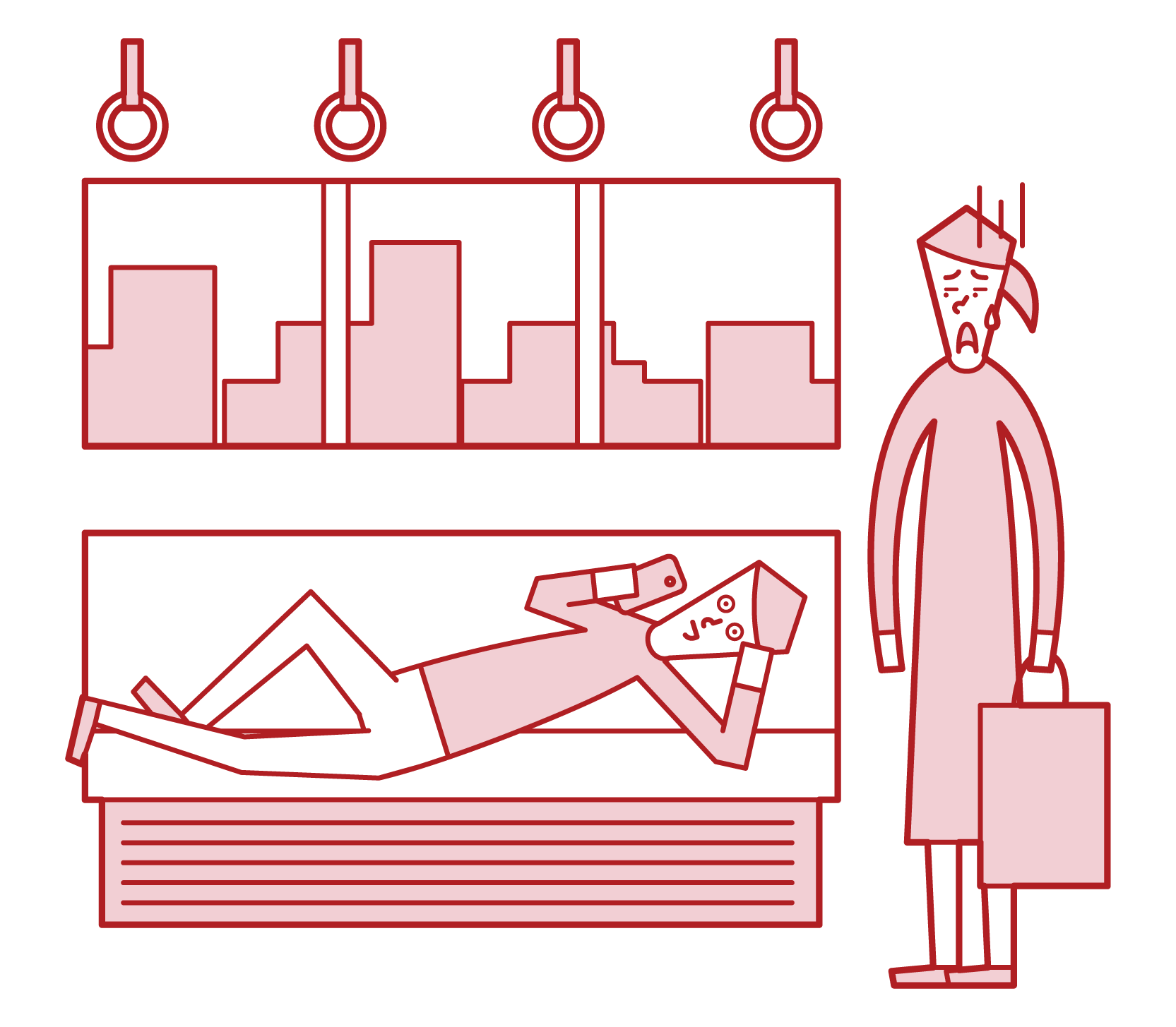 Illustration of a man lying in a seat on a train