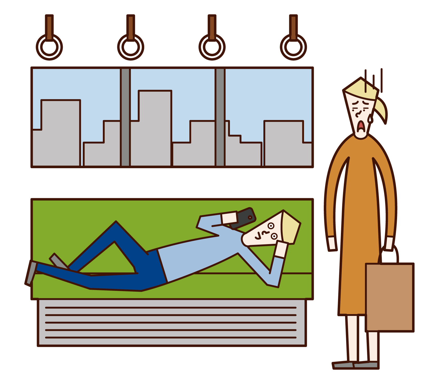 Illustration of a man lying in a seat on a train