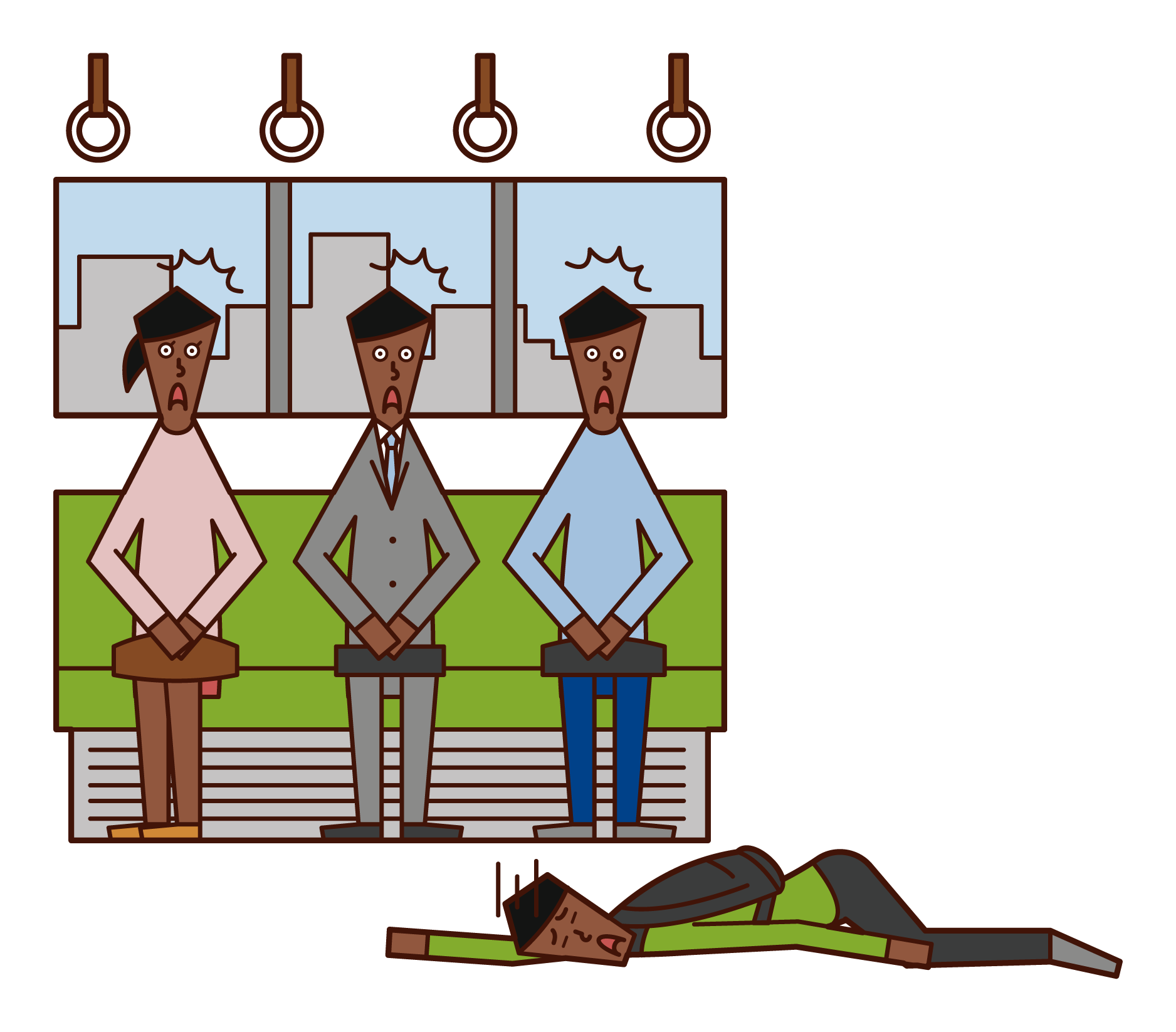 Illustration of a man collapsing on a train