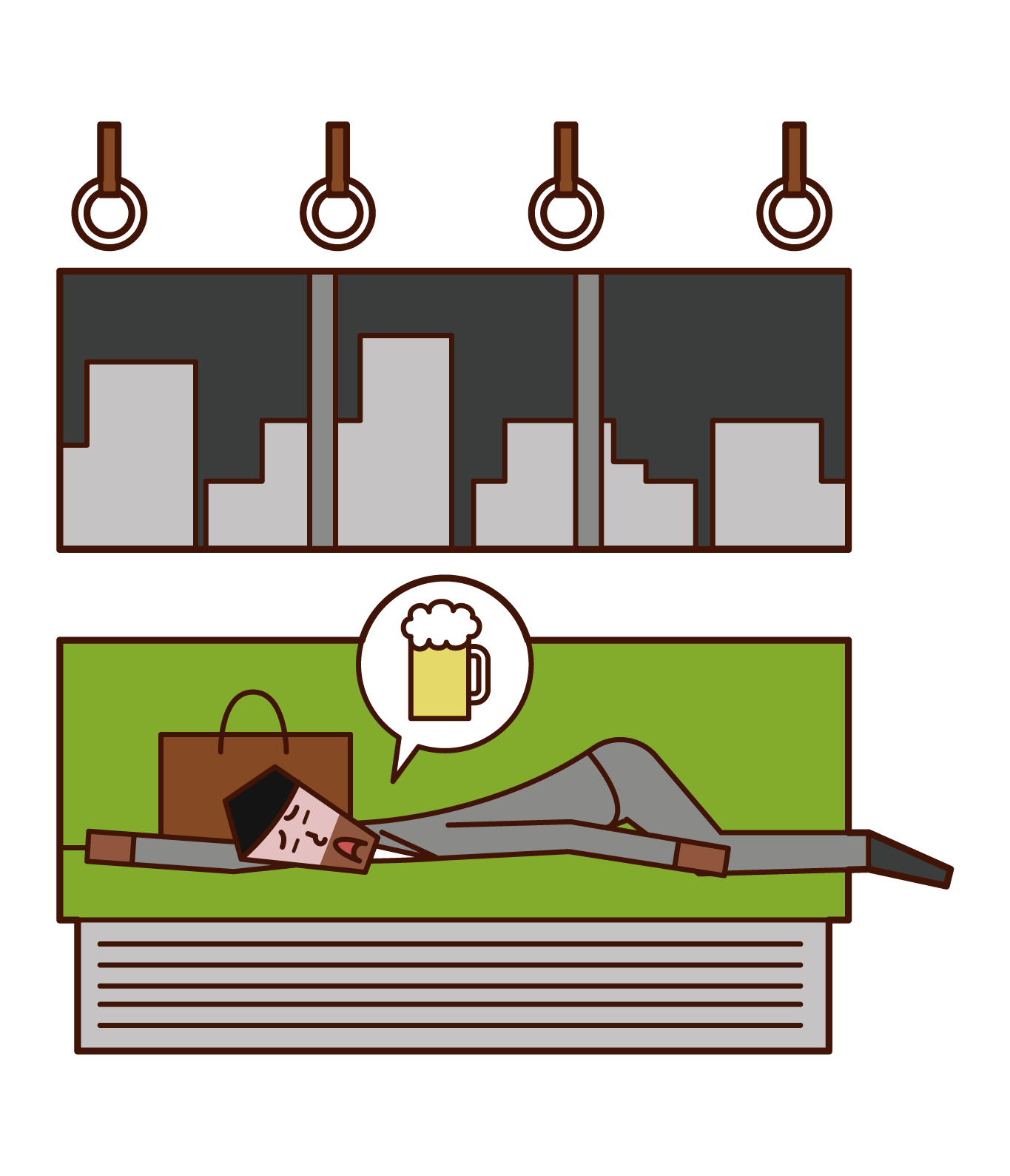 Illustration of a drunk man lying on a train