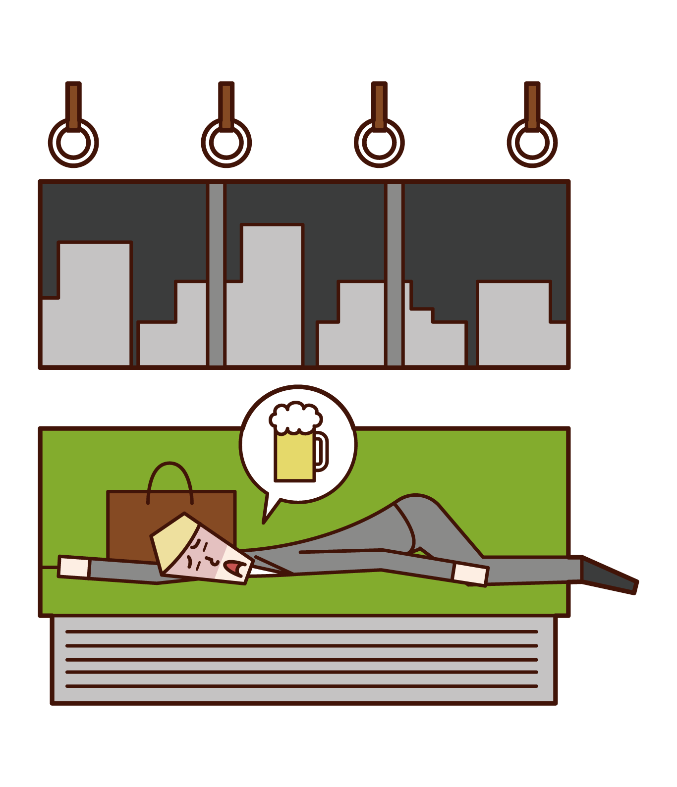 Illustration of a drunk man lying on a train