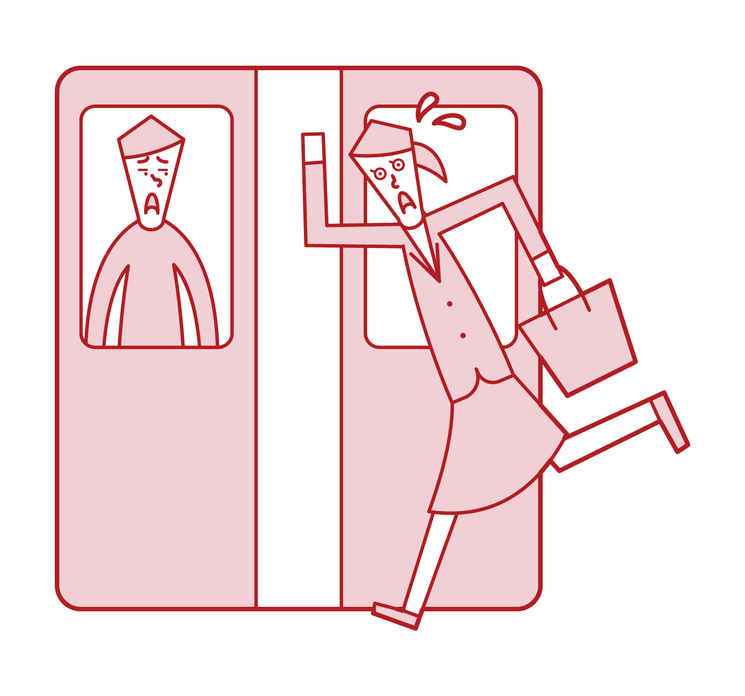 電車に駆け込み乗車をする人（女性）のイラスト
