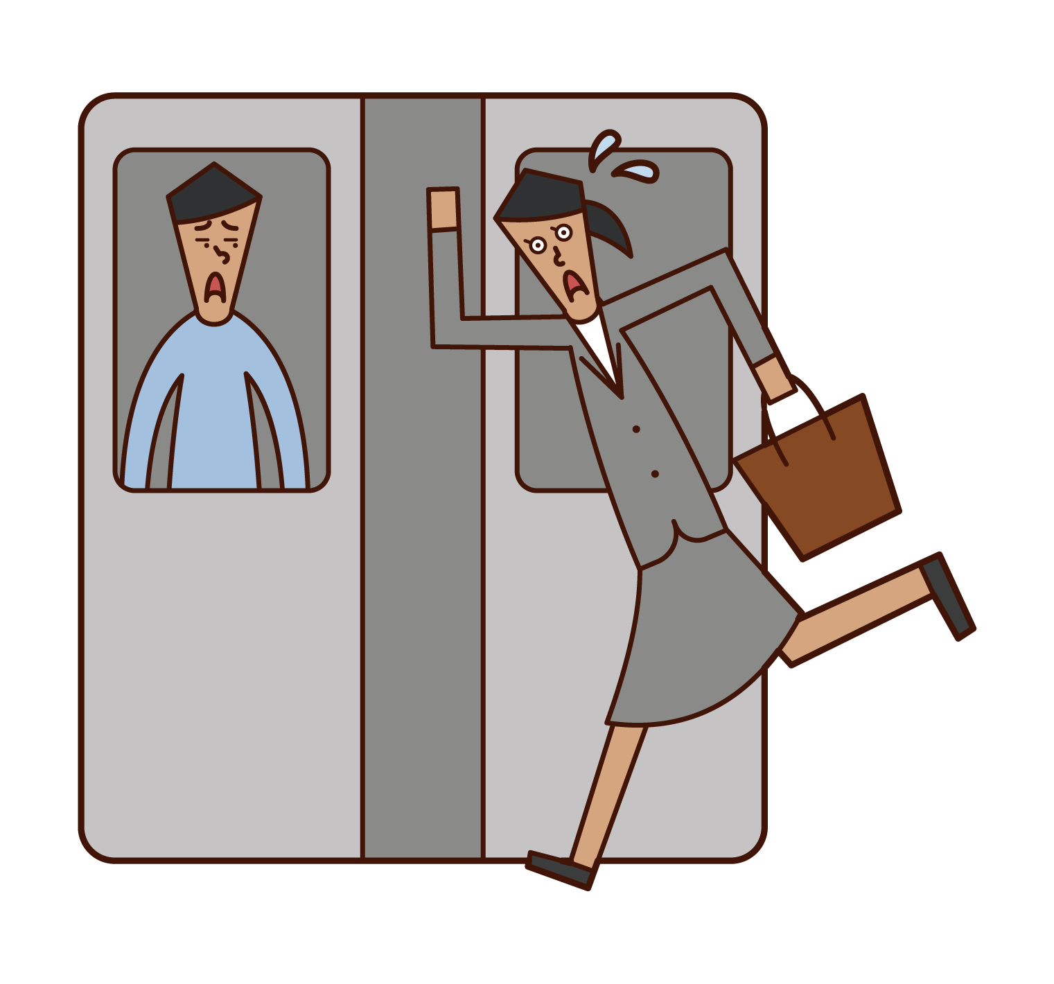 電車に駆け込み乗車をする人（女性）のイラスト