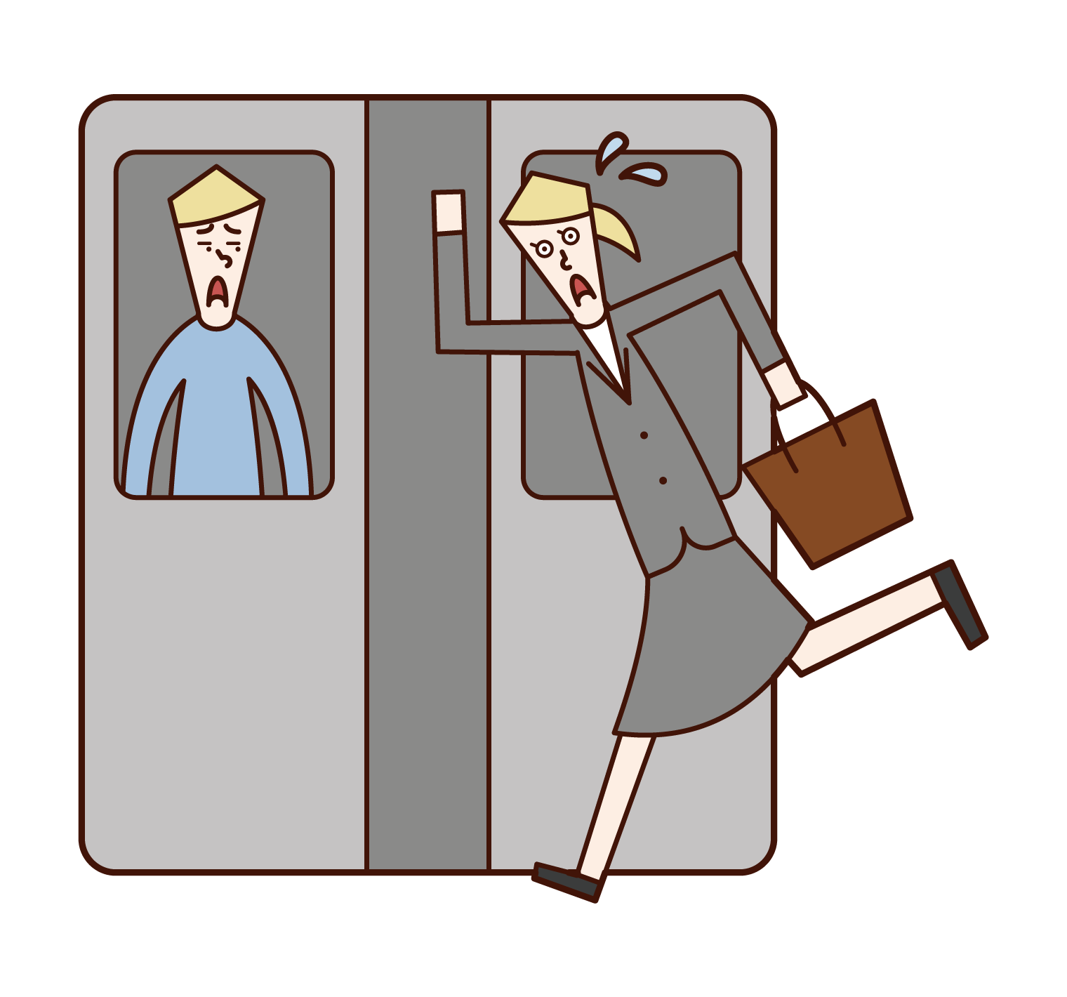 電車に駆け込み乗車をする人（女性）のイラスト