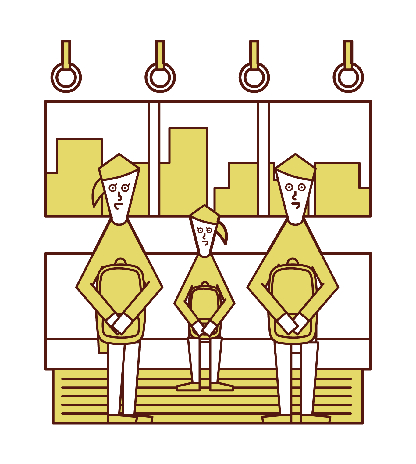 Illustration of parents and children riding a train