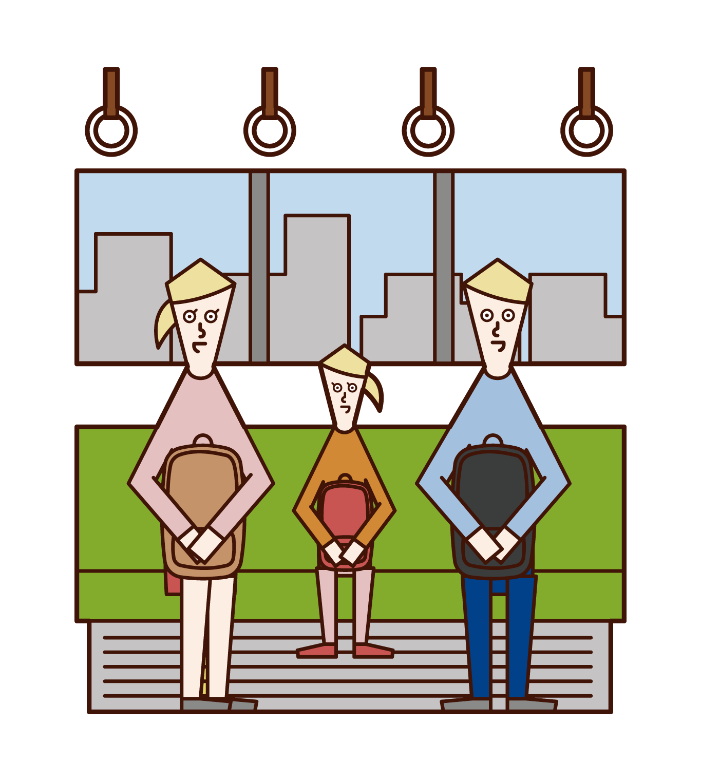 Illustration of parents and children riding a train