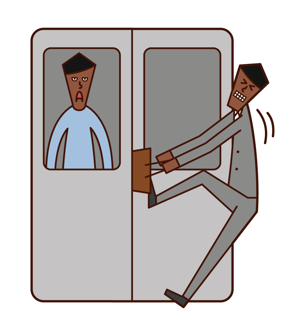 Illustration of a man with luggage caught in a train door