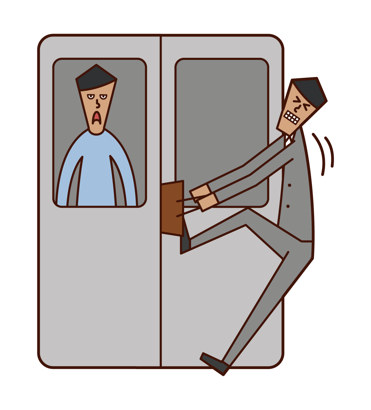 火車門上夾著行李的人（男性）的插圖