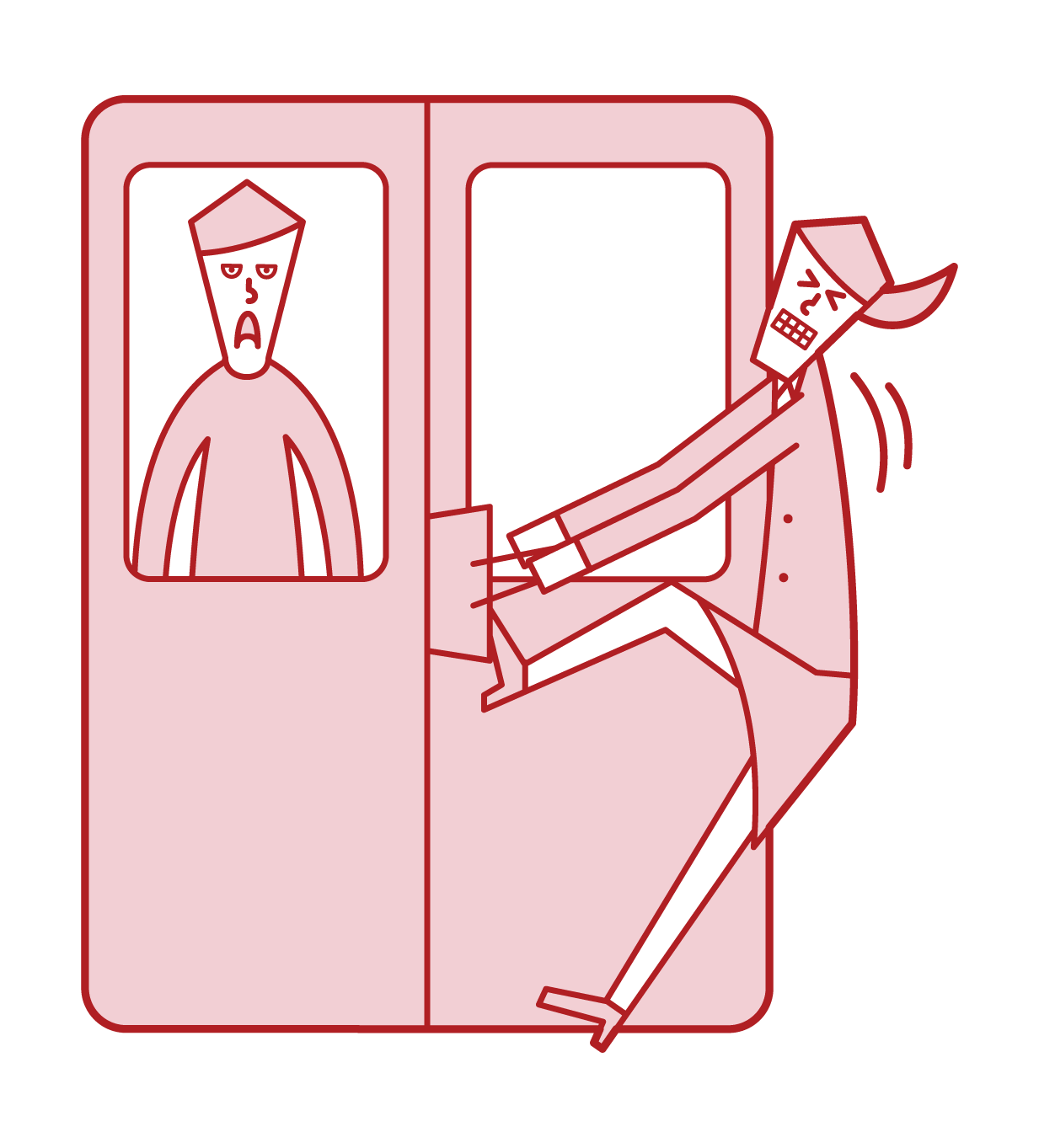 火車門上夾著行李的人（女性）的插圖