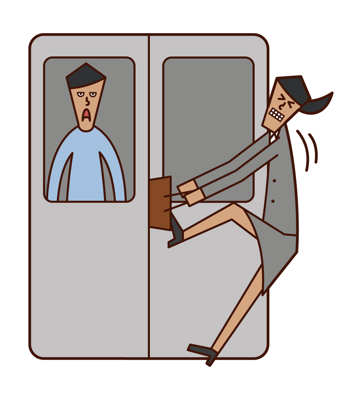 Illustration of a woman with luggage stuck in a train door