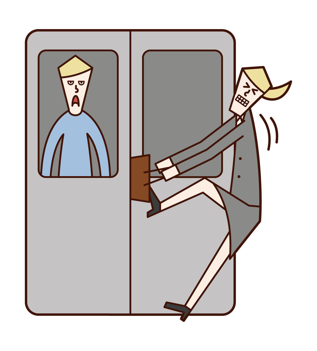 Illustration of a woman with luggage stuck in a train door