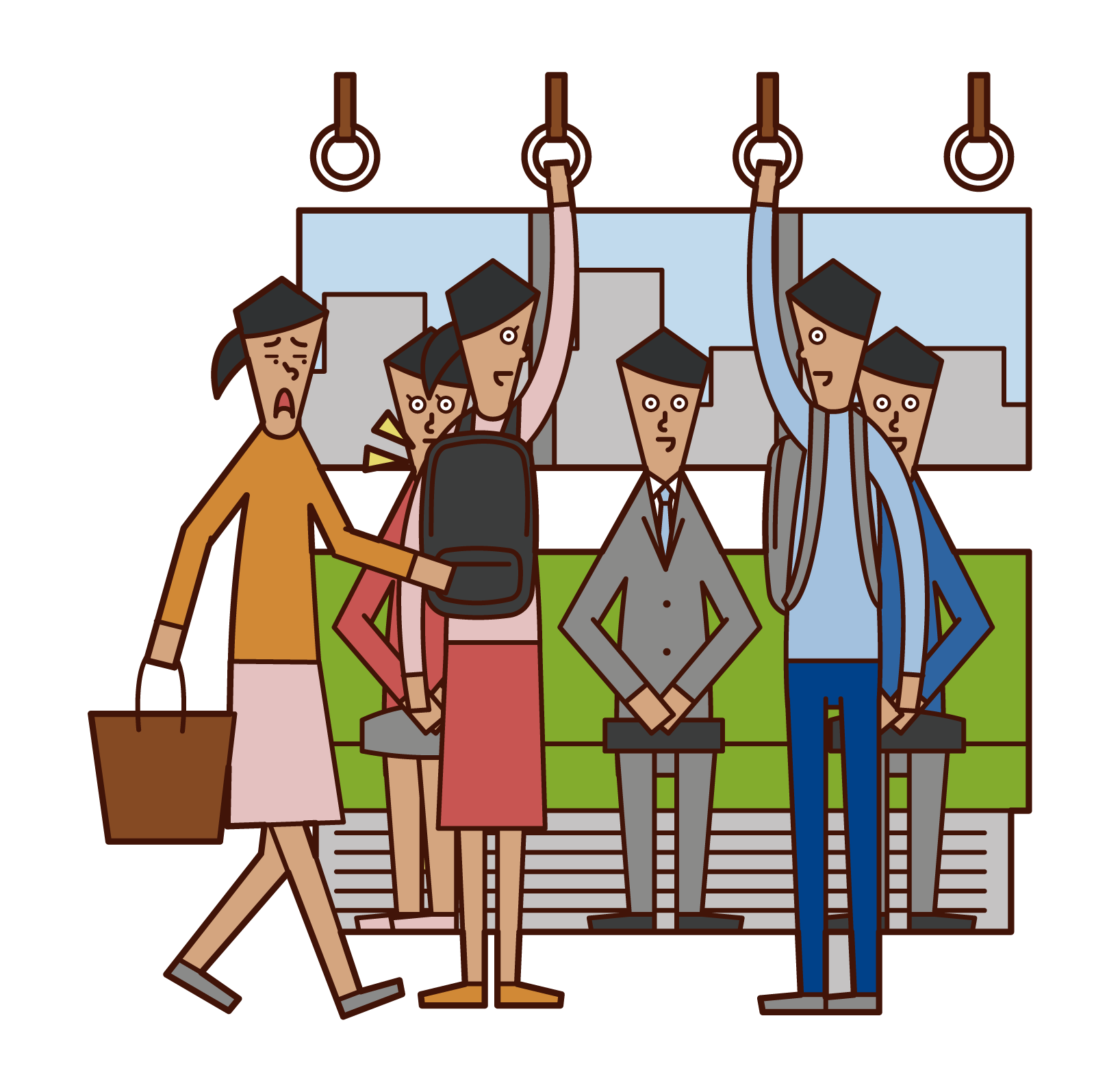 Illustration of luggage (woman) getting in the way on the train