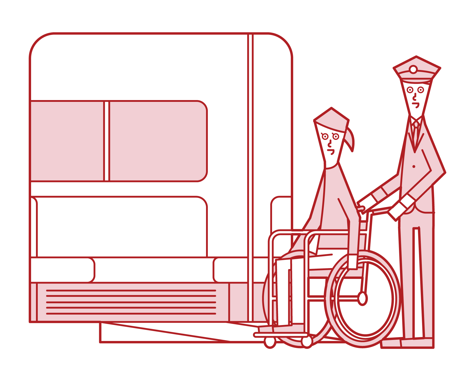 電車に車椅子で乗車する人（女性）のイラスト