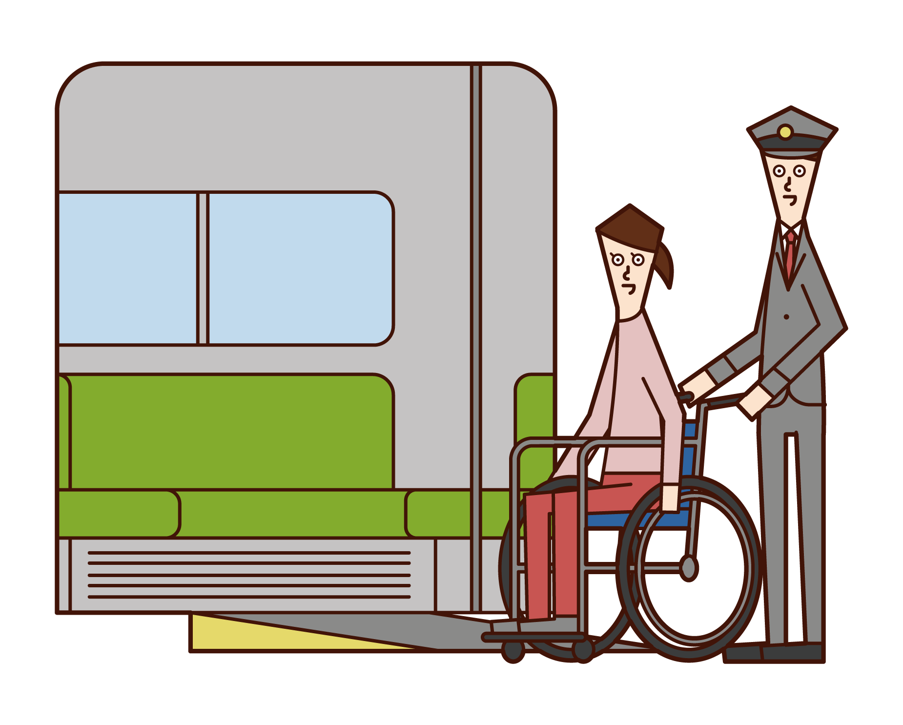 電車に車椅子で乗車する人（女性）のイラスト
