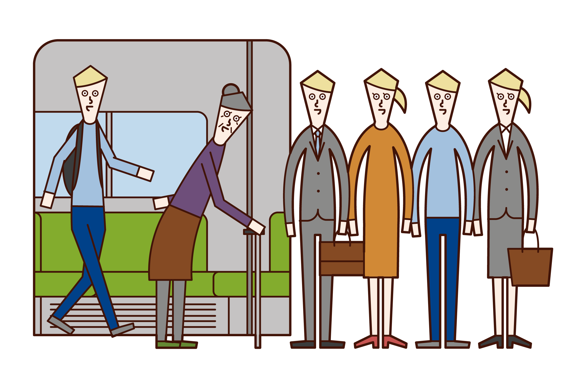 電車から下車する人を優先する乗客のイラスト