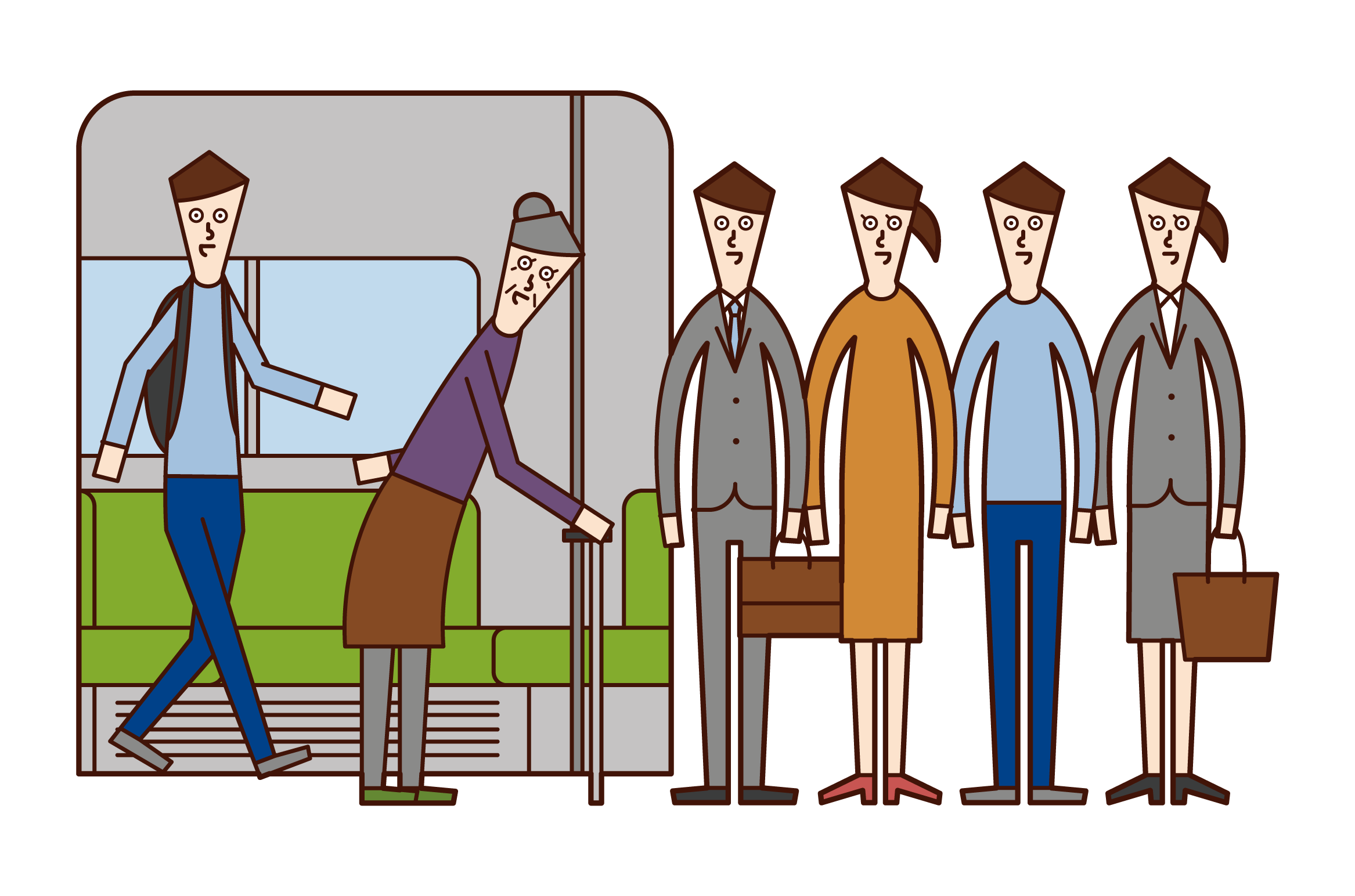 電車から下車する人を優先する乗客のイラスト