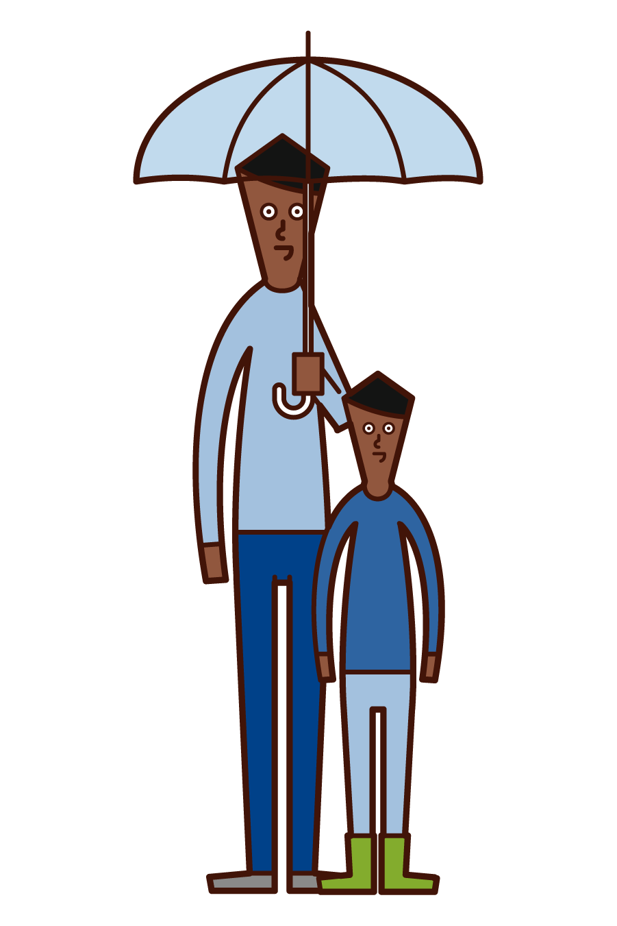 父母和孩子（男性）的插圖，他們拿著雨傘
