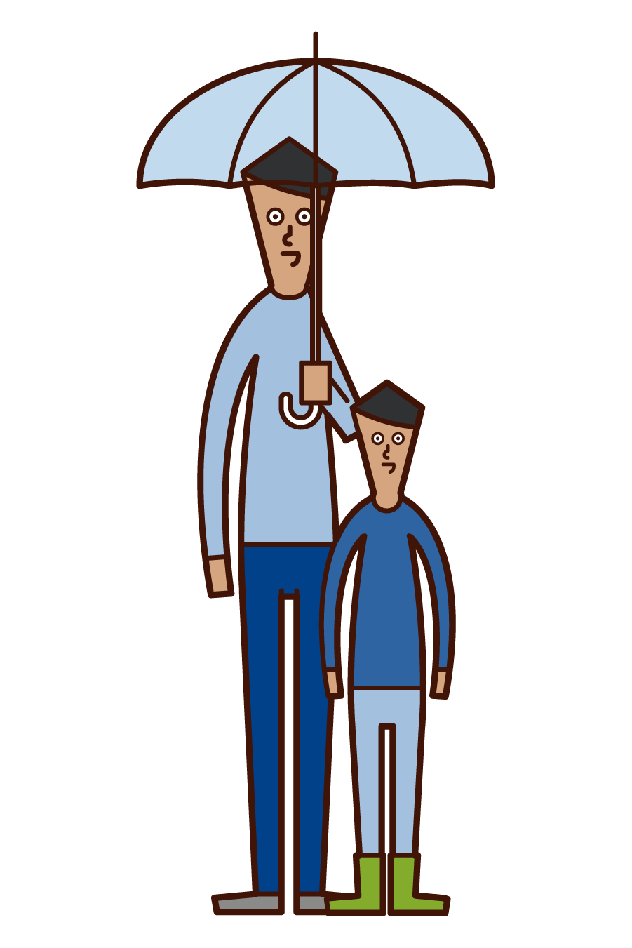 父母和孩子（男性）的插圖，他們拿著雨傘