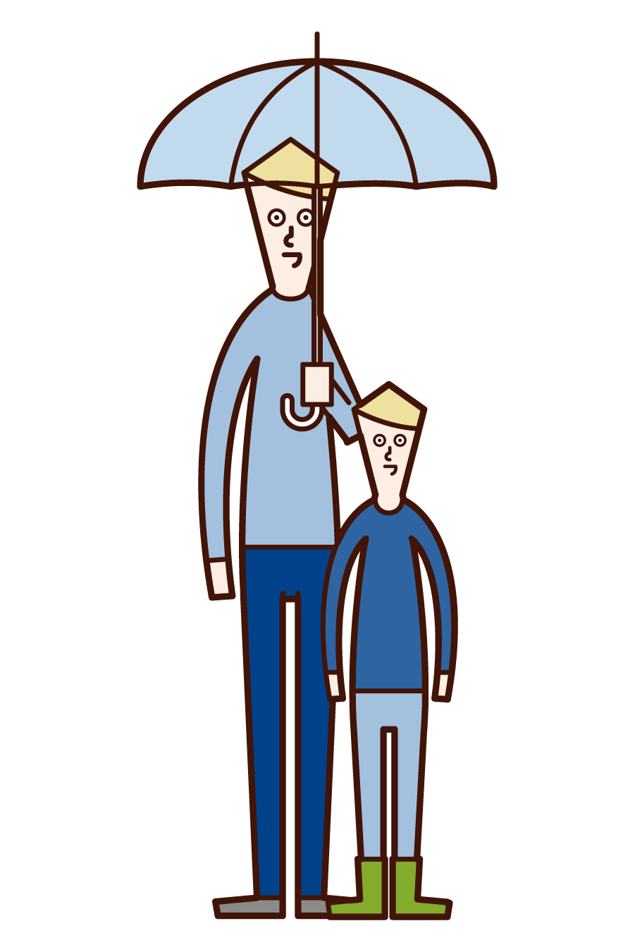Illustration of a parent and child (man) holding an umbrella