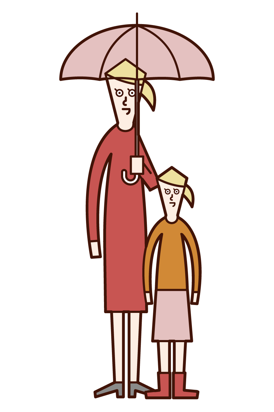 父母和孩子（女性）的插圖，他們拿著傘