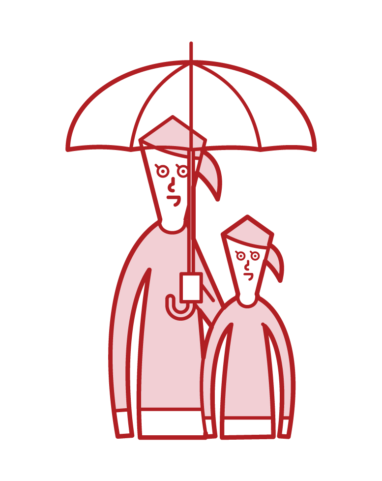 父母和孩子（女性）的插圖，他們拿著傘