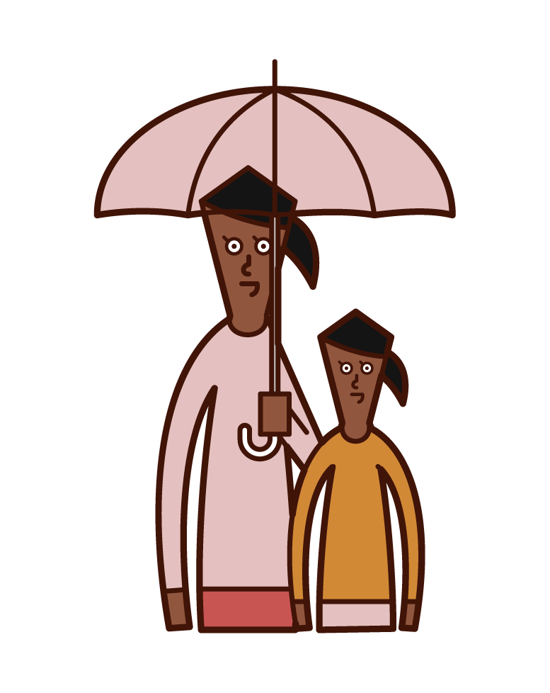 우산을 들고 있는 부모와 자녀(여성)의 일러스트
