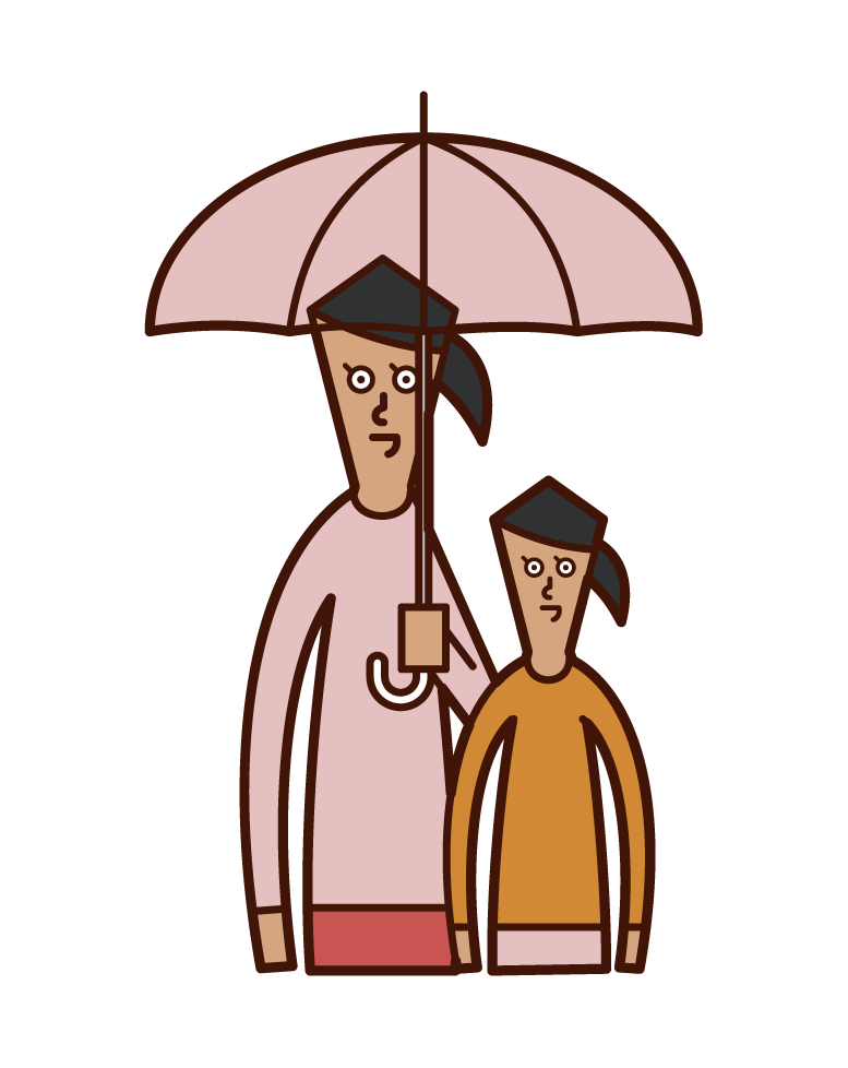 傘をさす親子（女性）のイラスト