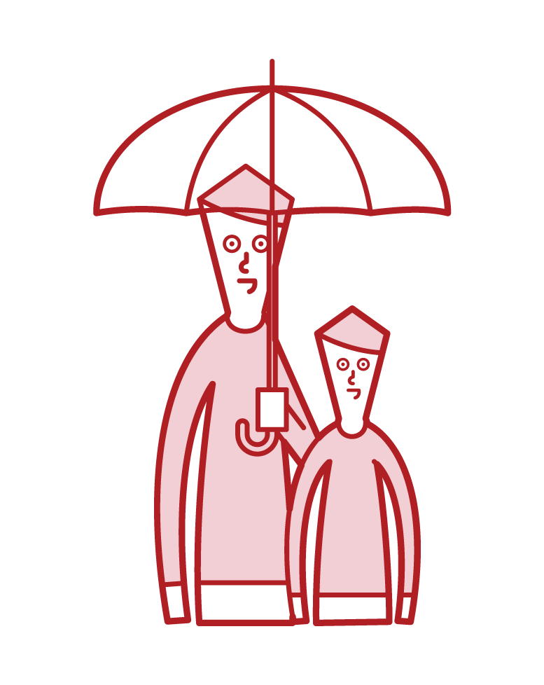 우산을 들고 있는 부모와 자녀(남성)의 일러스트