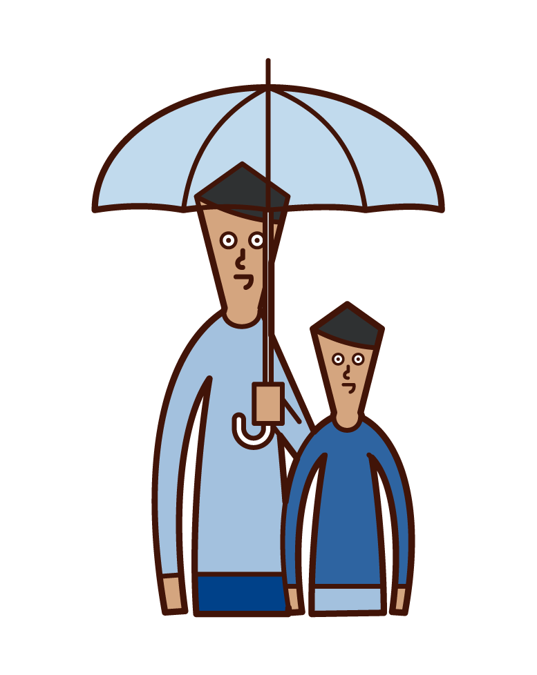 Illustration of a parent and child (man) holding an umbrella