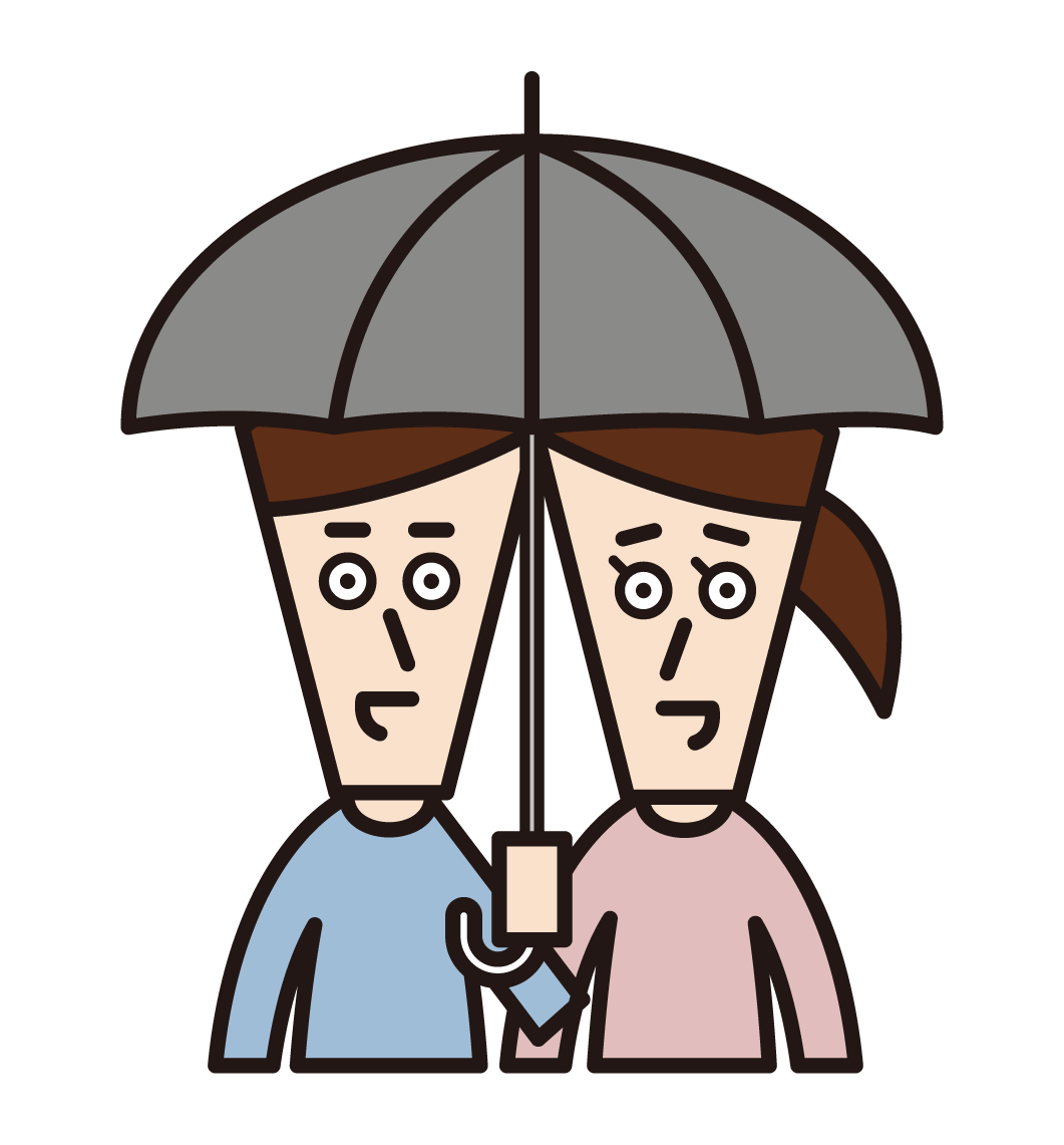 Illustration of couple with a combination umbrella