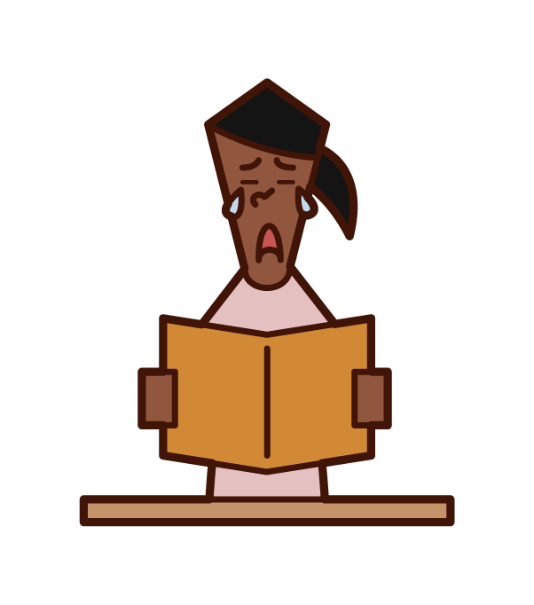 Illustration of a person (woman) who is impressed by reading a book
