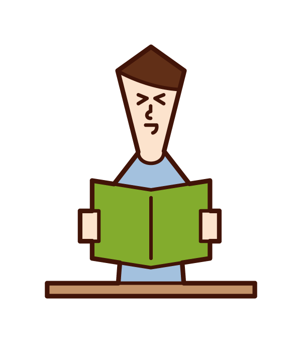 Illustration of a person (man) who is impressed by reading a book
