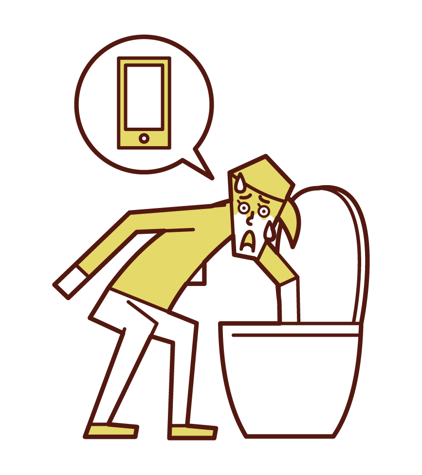 將智慧手機掉到廁所的人（女性）的插圖