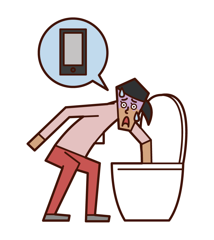 トイレにスマートフォンを落とした人（女性）のイラスト