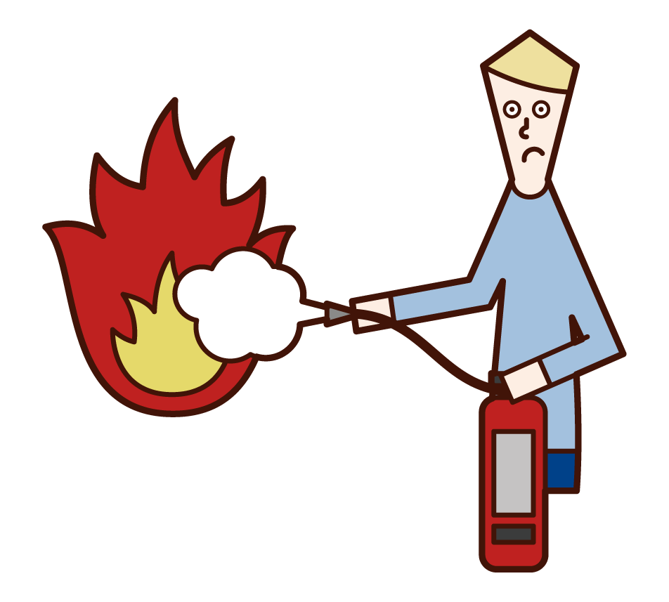 用消化器滅火的人（男性）的插圖
