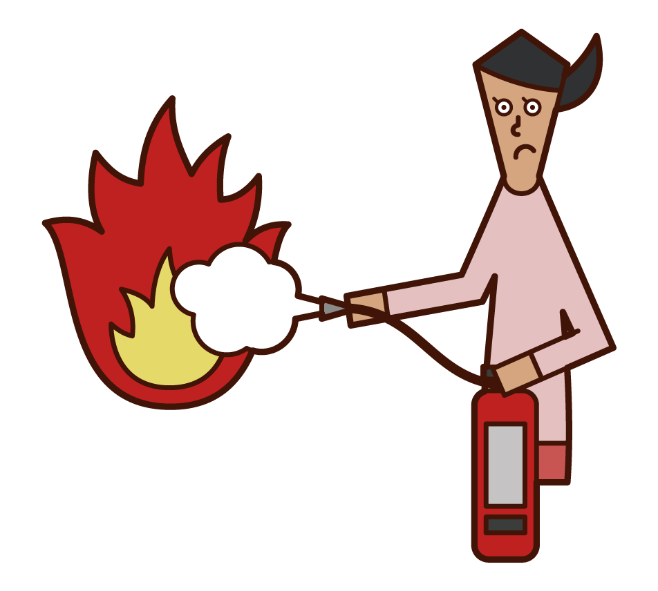 消化器で火を消す人（女性）のイラスト