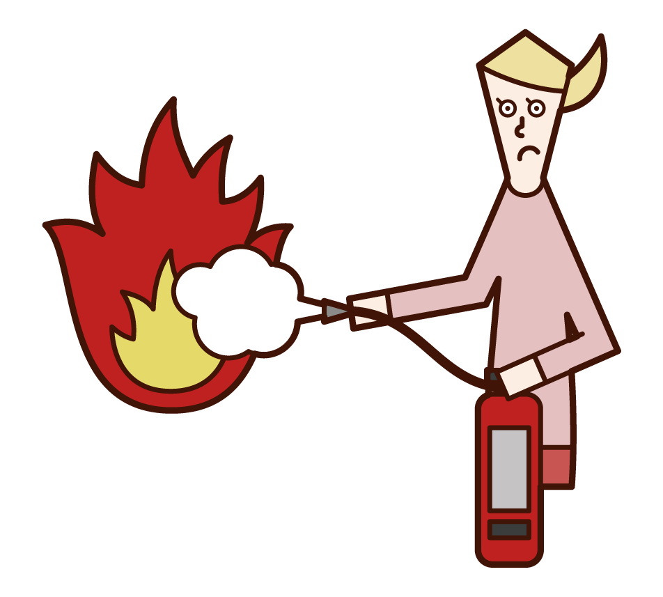 消化器で火を消す人（女性）のイラスト