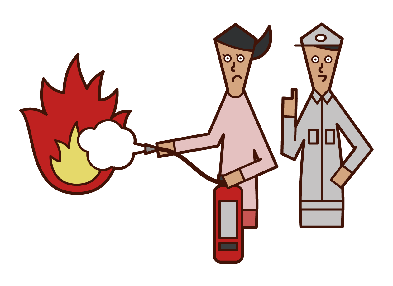 消火訓練を行う人（女性）のイラスト