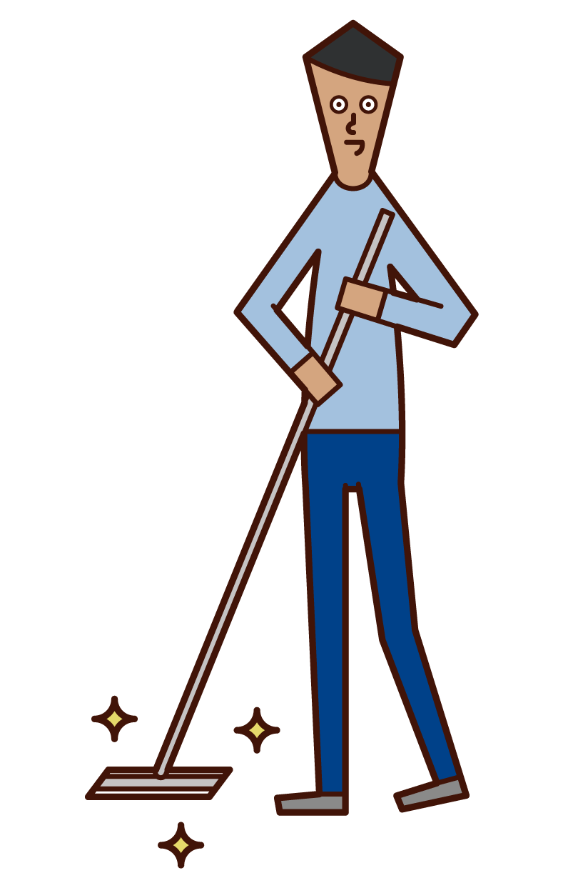 Illustration of a person (boy) cleaning the floor with a flooring wiper