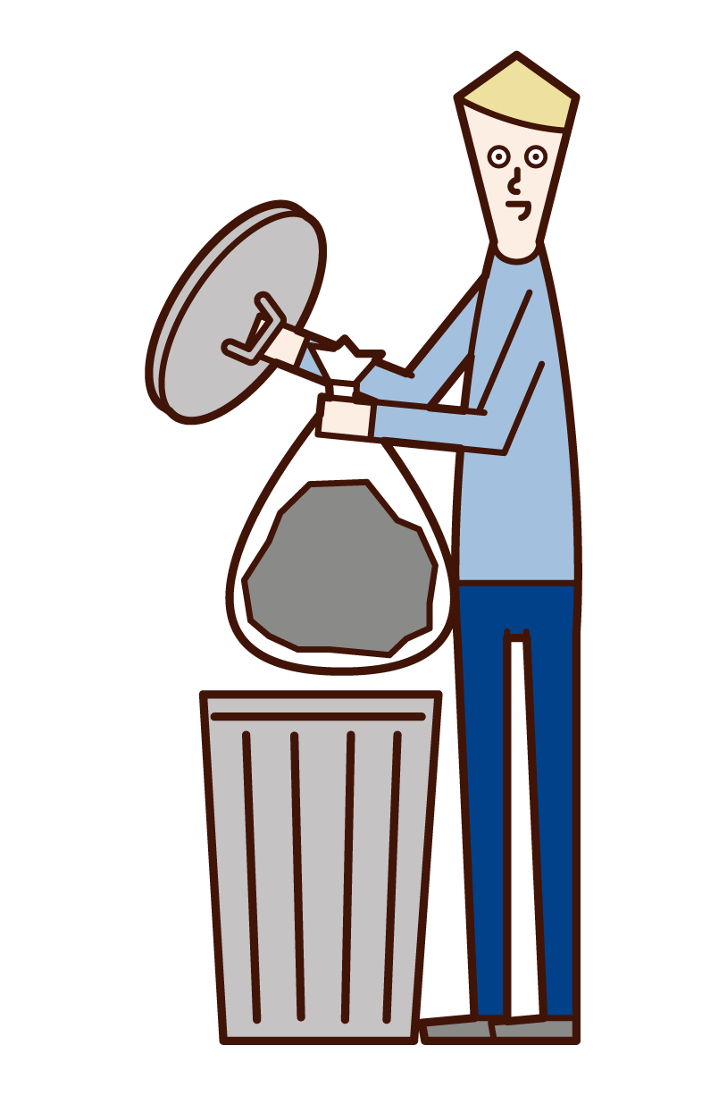 Illustration of a person (man) throwing away garbage