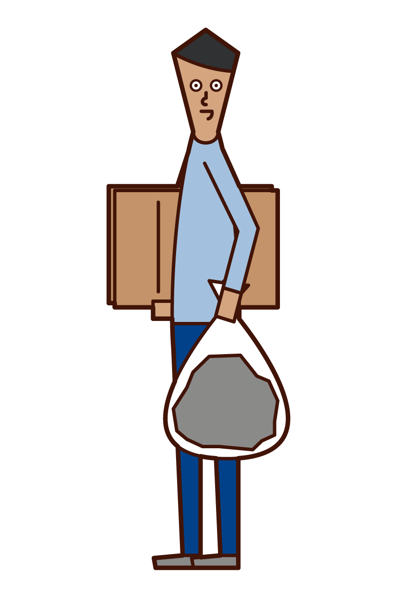 Illustration of a person (male) throwing away garbage and cardboard
